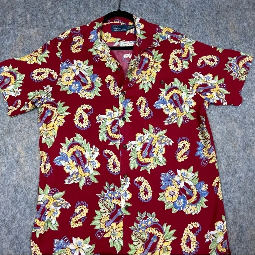 Polo Ralph Lauren Floral Lei Ukulele Hawaiian Preppy Summer Fun Camp Shirt Sz M